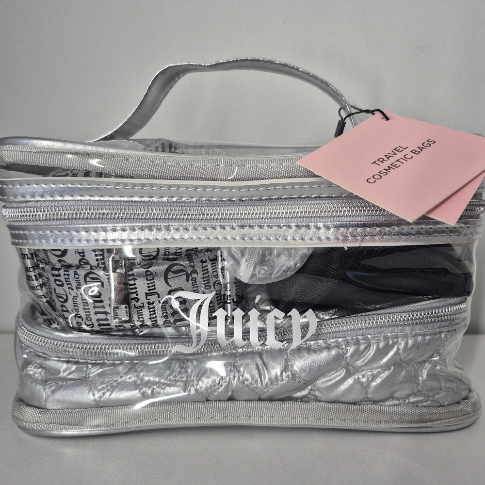Juicy Couture Silver and Black Travel Cosmetic Bag 5 Piece Set Makeup Bag
